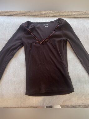 Hollister Chocolate Brown V-Neck Lace-Up Long Sleeve Top